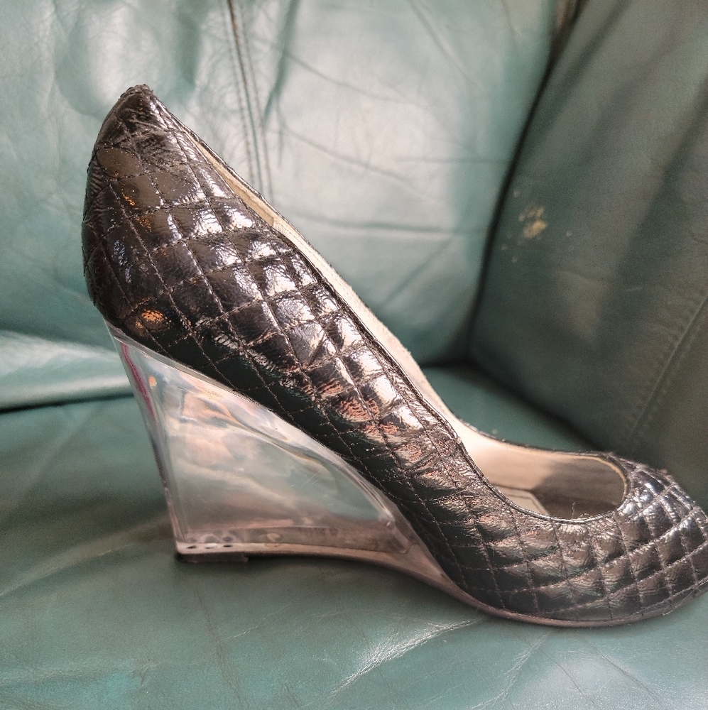 Dollhouse Clear Wedge Quilted Black Heels